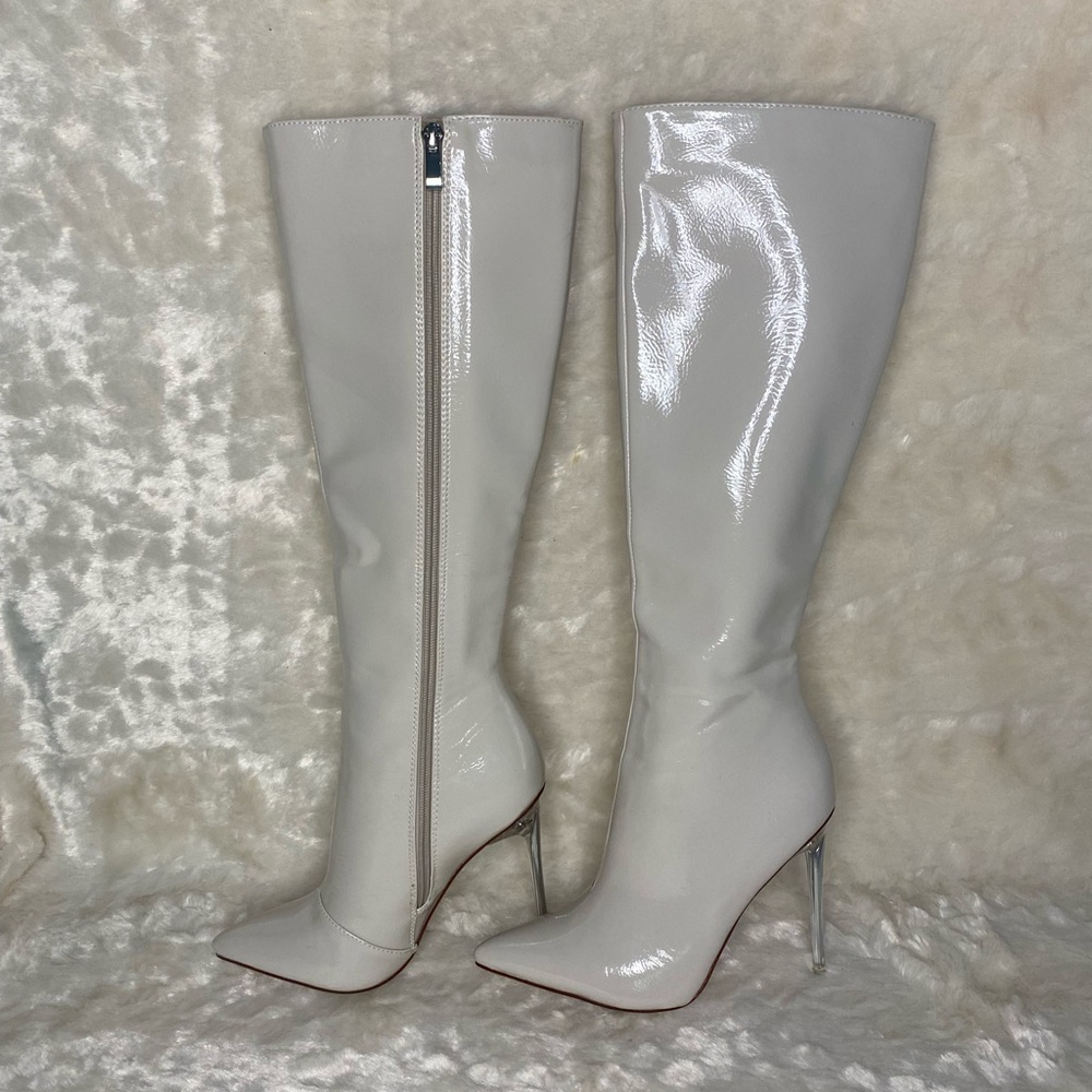 Elegant Cream Patent Leather Knee-High Boots